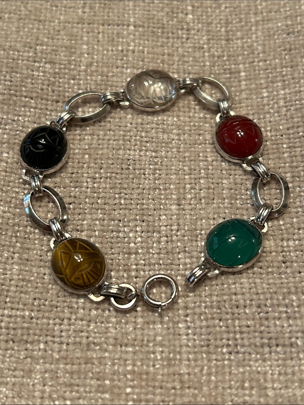 Vintage sterling gemstone scarab bracelet, 7 1/2”